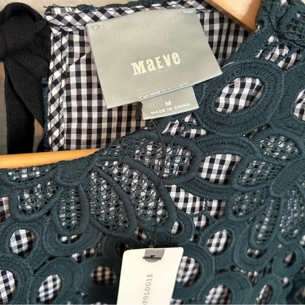 NWT Maeve x Anthropologie Gingham & Lace Long Sleeve Top Medium Feminine Blouse - Picture 3 of 12
